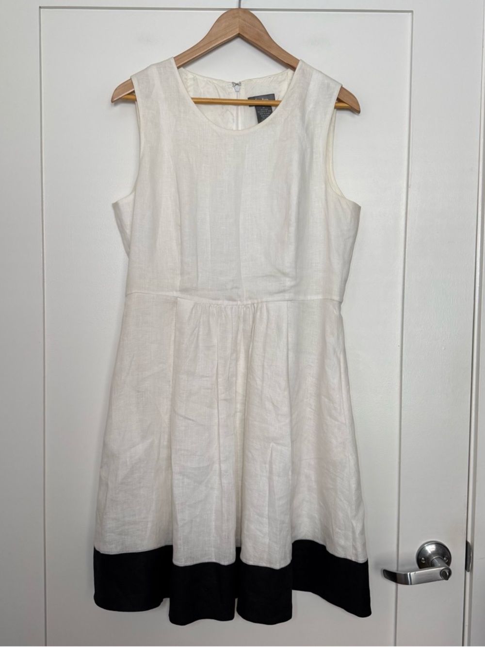Neiman Marcus A Line Midi Dress Womens Sz M White Black Sleeveless 100% Linen